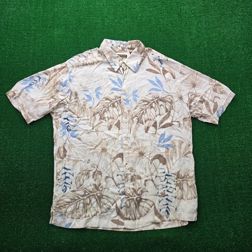 Cubavera Hawaiian Shirt Mens Large Beige Floral 100% Viscose Summer Beach Ca